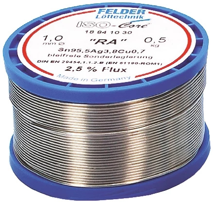Felder Löttechnik ISO-Core RA Lötzinn Bleifrei 99.3%Sn 0%Pb 0.7%Cu, 227°C, Ø 1mm / 500g 3 Felder Löttechnik ISO-Core RA Lötzinn Bleifrei 99.3%Sn 0%Pb 0.7%Cu, 227°C, Ø 1mm / 500g